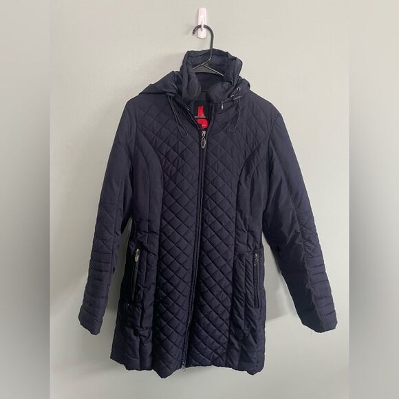 Esprit Navy Long Line Quilted Spring Jacket Zipped in Hood Sz S - Picture 1 of 8